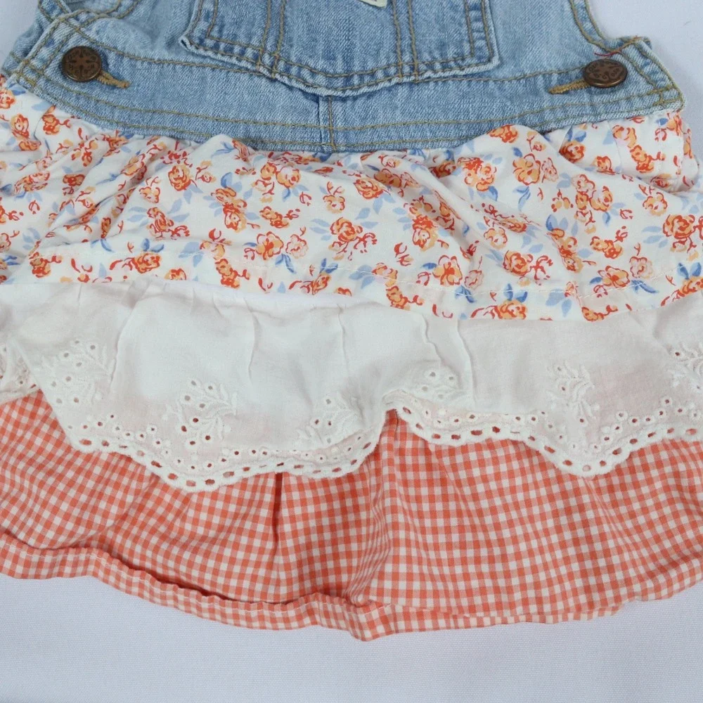 OshKosh Bgosh Denim Overall Floral Gingham Ruffle Skirt Dress 18m Farmhouse Boho
